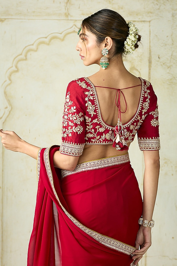 Red Georgette & Tussar Embroidered Draped Reception Saree Set by GOPI VAID at Pernia's Pop Up Shop