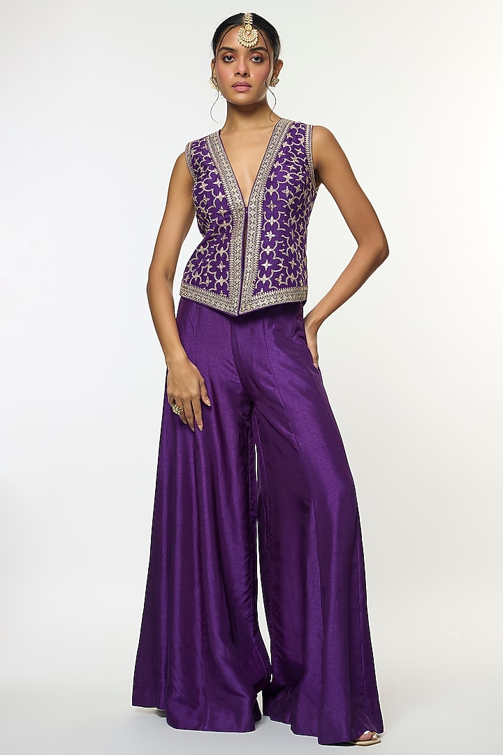 Purple Tussar Embroidered Wedding Sharara Set by GOPI VAID at Pernia's Pop Up Shop