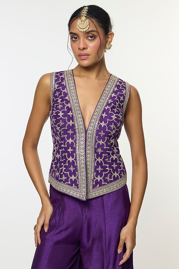 Purple Tussar Embroidered Wedding Sharara Set by GOPI VAID at Pernia's Pop Up Shop