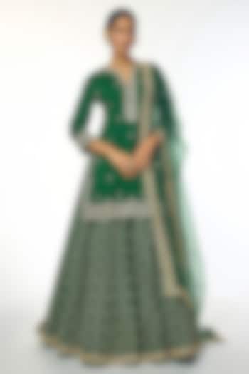Green Tussar Motif Embroidered Lehenga Set by GOPI VAID at Pernia's Pop Up Shop