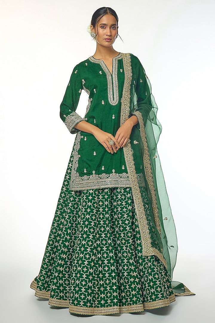 Green Tussar Motif Embroidered Lehenga Set by GOPI VAID at Pernia's Pop Up Shop