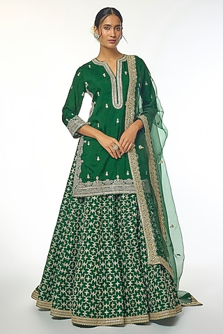 Green Tussar Motif Embroidered Lehenga Set by GOPI VAID