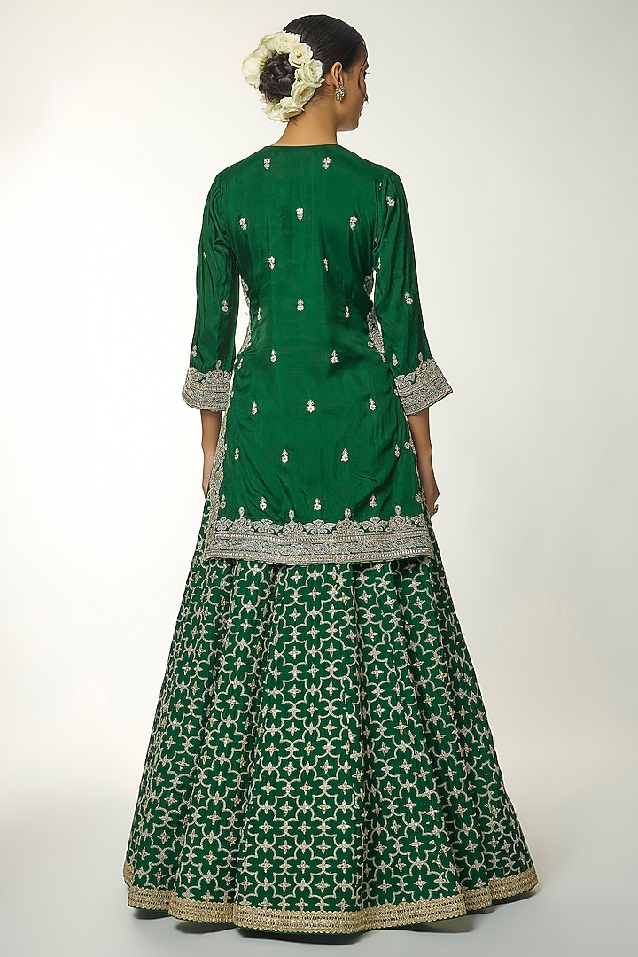 Green Tussar Motif Embroidered Lehenga Set by GOPI VAID at Pernia's Pop Up Shop
