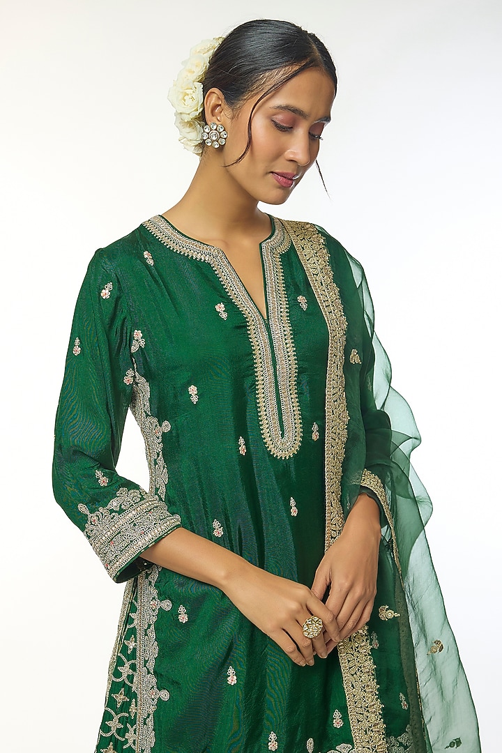 Green Tussar Motif Embroidered Lehenga Set by GOPI VAID at Pernia's Pop Up Shop