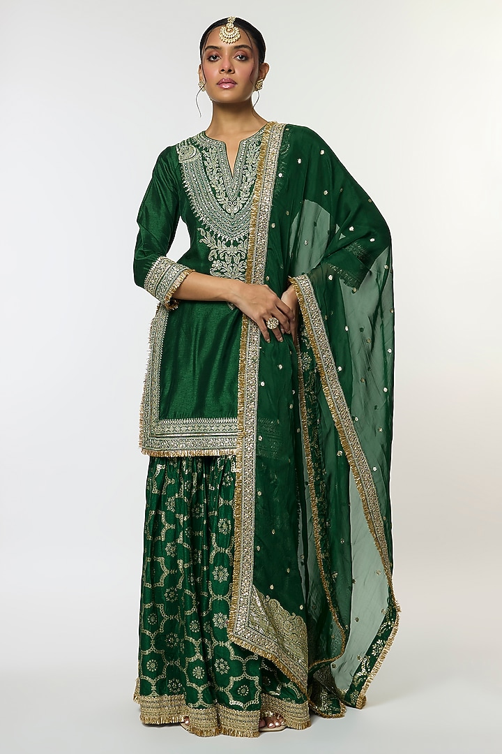 Green Tussar Embroidered Wedding Sharara Set by GOPI VAID at Pernia's Pop Up Shop