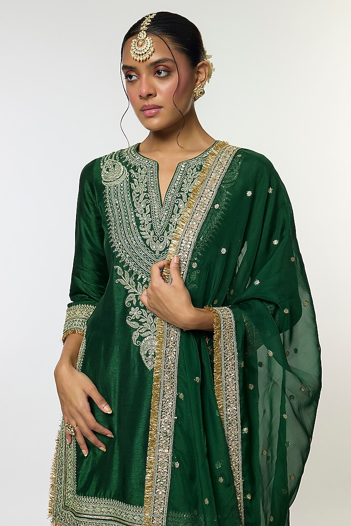 Green Tussar Embroidered Wedding Sharara Set by GOPI VAID at Pernia's Pop Up Shop