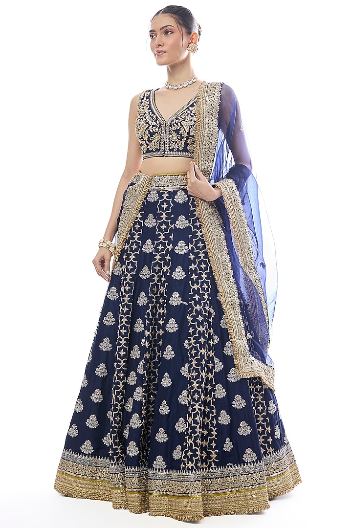 Blue Tussar Embroidered Bridal Lehenga Set by GOPI VAID at Pernia's Pop Up Shop