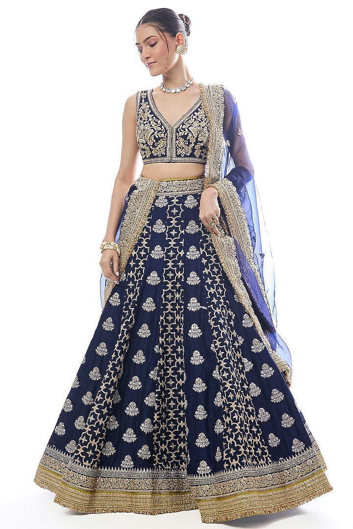Blue Tussar Embroidered Bridal Lehenga Set by GOPI VAID at Pernia's Pop Up Shop