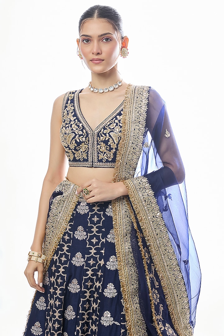 Blue Tussar Embroidered Bridal Lehenga Set by GOPI VAID at Pernia's Pop Up Shop