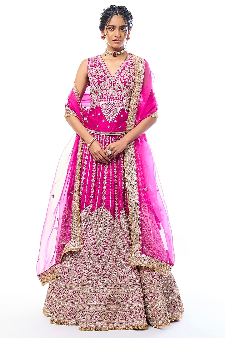Pink Tussar Mirror Embroidered Bridal lehenga for 22 Lehenga Set by GOPI VAID at Pernia's Pop Up Shop