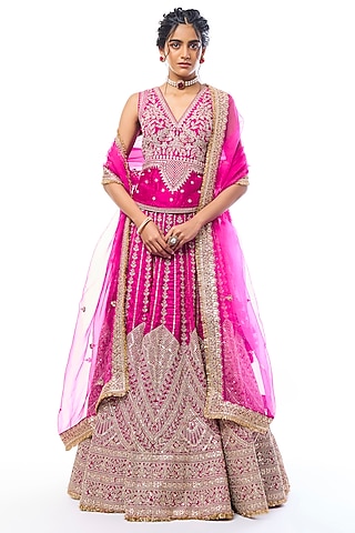 Pink Tussar Mirror Embroidered Lehenga Set by GOPI VAID