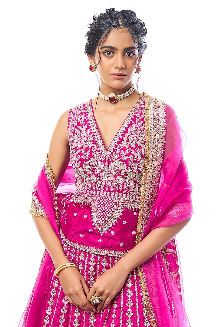 Pink Tussar Mirror Embroidered Bridal Lehenga Set by GOPI VAID at Pernia's Pop Up Shop