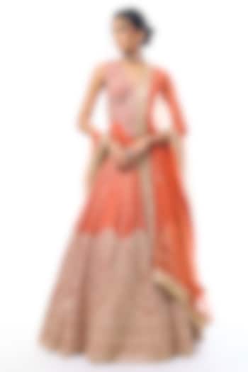 Orange Tussar Mirror Embroidered Bridal Lehenga Set by GOPI VAID at Pernia's Pop Up Shop