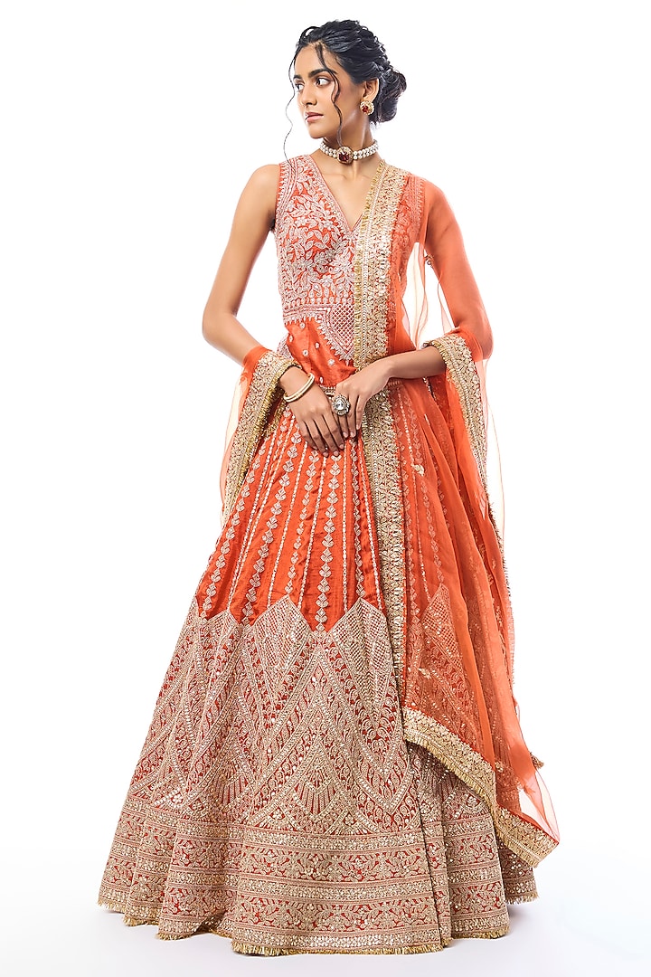 Orange Tussar Mirror Embroidered Bridal Lehenga Set by GOPI VAID at Pernia's Pop Up Shop