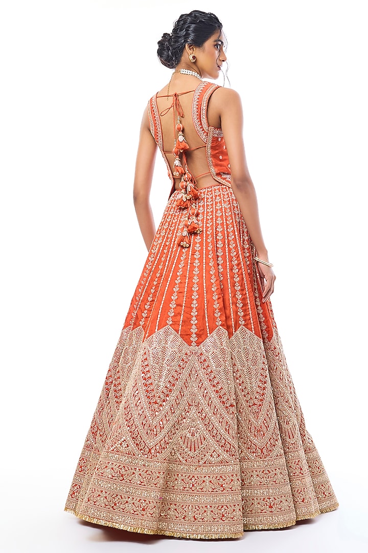 Orange Tussar Mirror Embroidered Bridal Lehenga Set by GOPI VAID at Pernia's Pop Up Shop