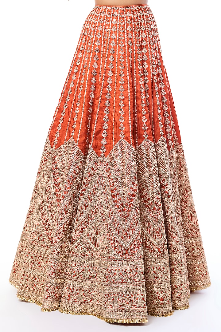 Orange Tussar Mirror Embroidered Bridal Lehenga Set by GOPI VAID at Pernia's Pop Up Shop