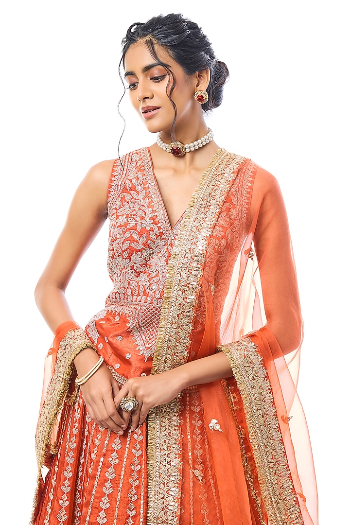 Orange Tussar Mirror Embroidered Bridal Lehenga Set by GOPI VAID at Pernia's Pop Up Shop