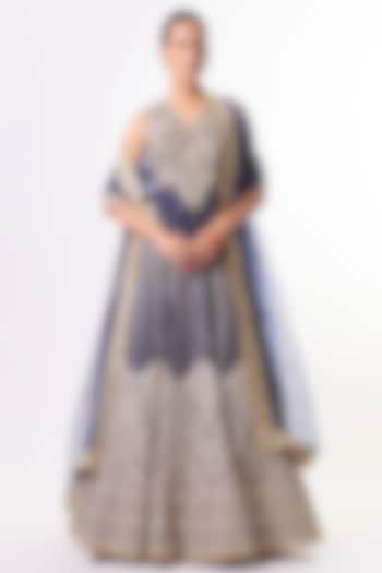 Navy Tussar Motif Embellished Bridal Lehenga Set by GOPI VAID at Pernia's Pop Up Shop