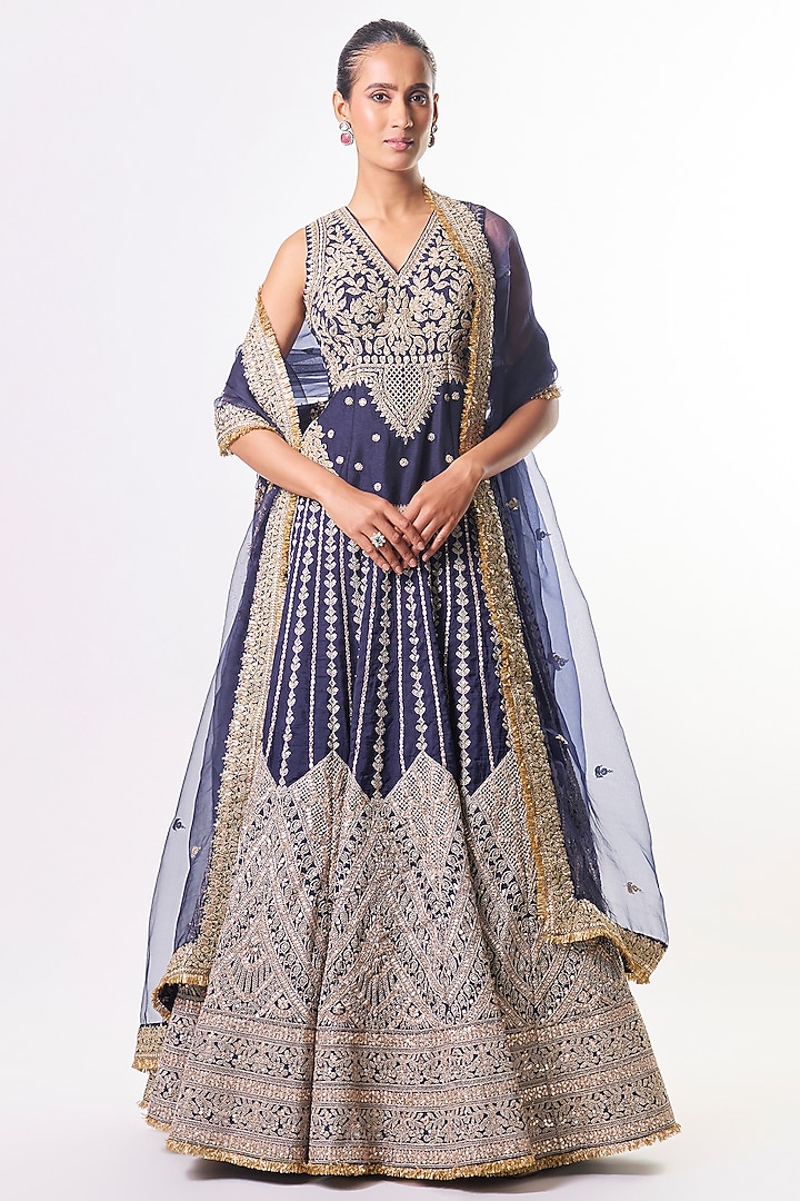 Navy Tussar Motif Embellished Bridal Lehenga Set by GOPI VAID at Pernia's Pop Up Shop