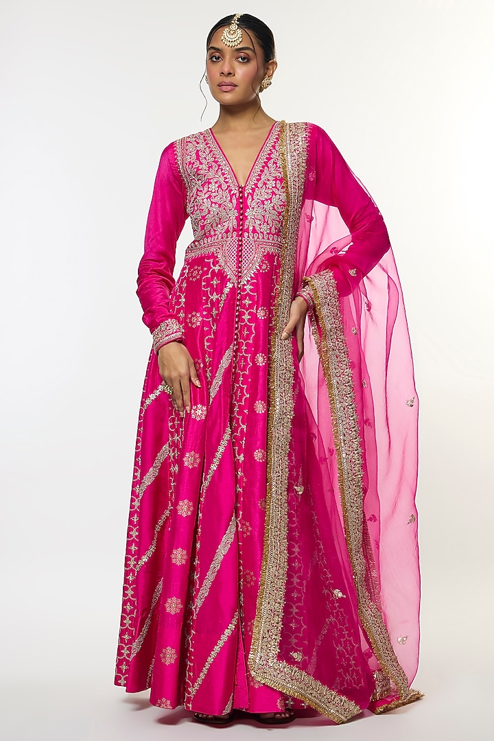 Pink Tussar Embroidered Flared Angrakha Set by GOPI VAID at Pernia's Pop Up Shop