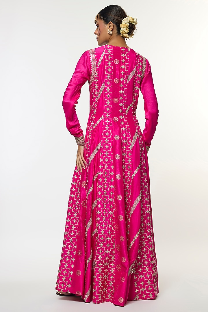Pink Tussar Embroidered Flared Angrakha Set by GOPI VAID at Pernia's Pop Up Shop