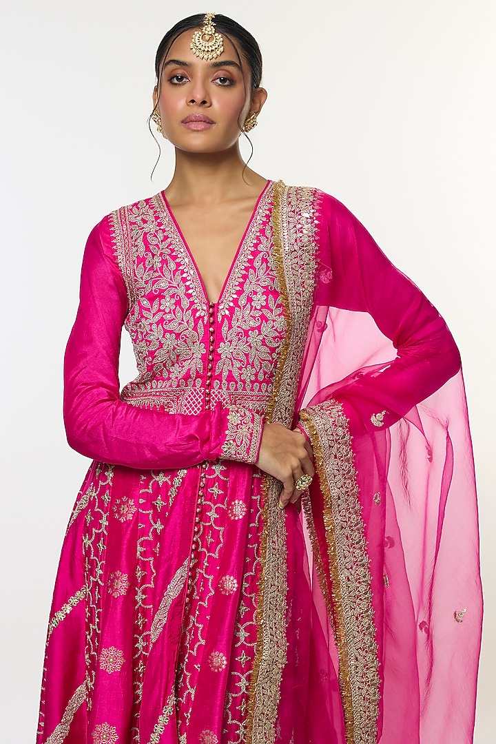 Pink Tussar Embroidered Flared Angrakha Set by GOPI VAID at Pernia's Pop Up Shop