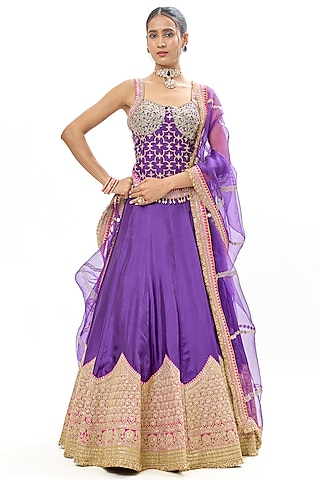 Purple Tussar Embroidered Lehenga Set by GOPI VAID