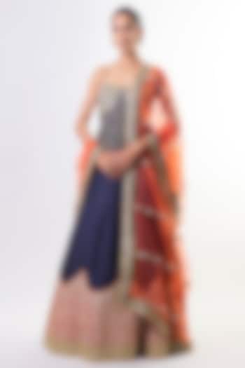 Navy Tussar Embellished Wedding Lehenga Set by GOPI VAID at Pernia's Pop Up Shop