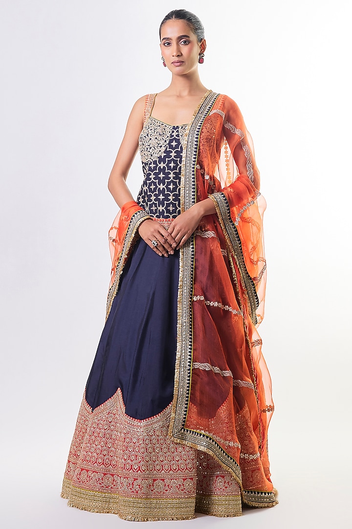 Navy Tussar Embellished Wedding Lehenga Set by GOPI VAID at Pernia's Pop Up Shop