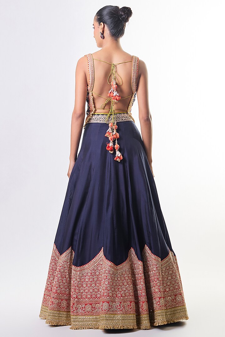 Navy Tussar Embellished Wedding Lehenga Set by GOPI VAID at Pernia's Pop Up Shop