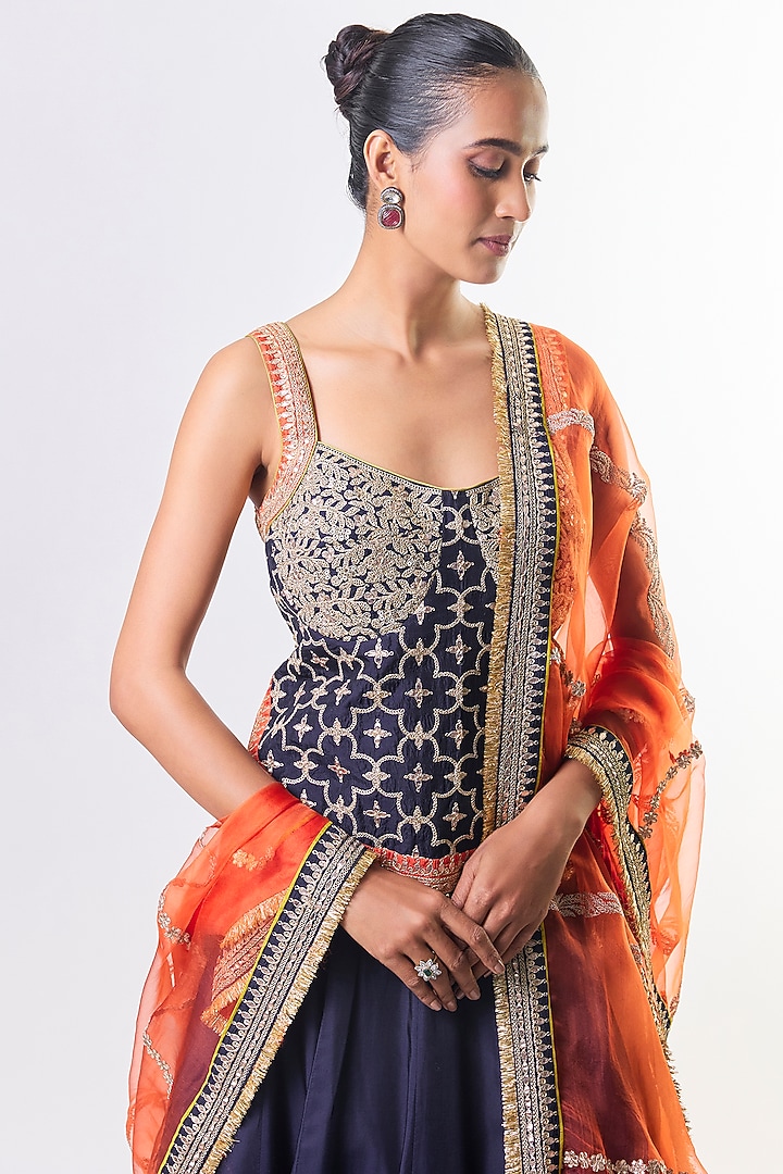 Navy Tussar Embellished Wedding Lehenga Set by GOPI VAID at Pernia's Pop Up Shop