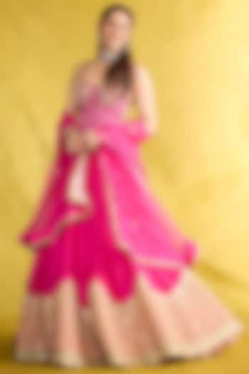Rani Pink Tussar Ornate Border Wedding Lehenga Set by GOPI VAID at Pernia's Pop Up Shop