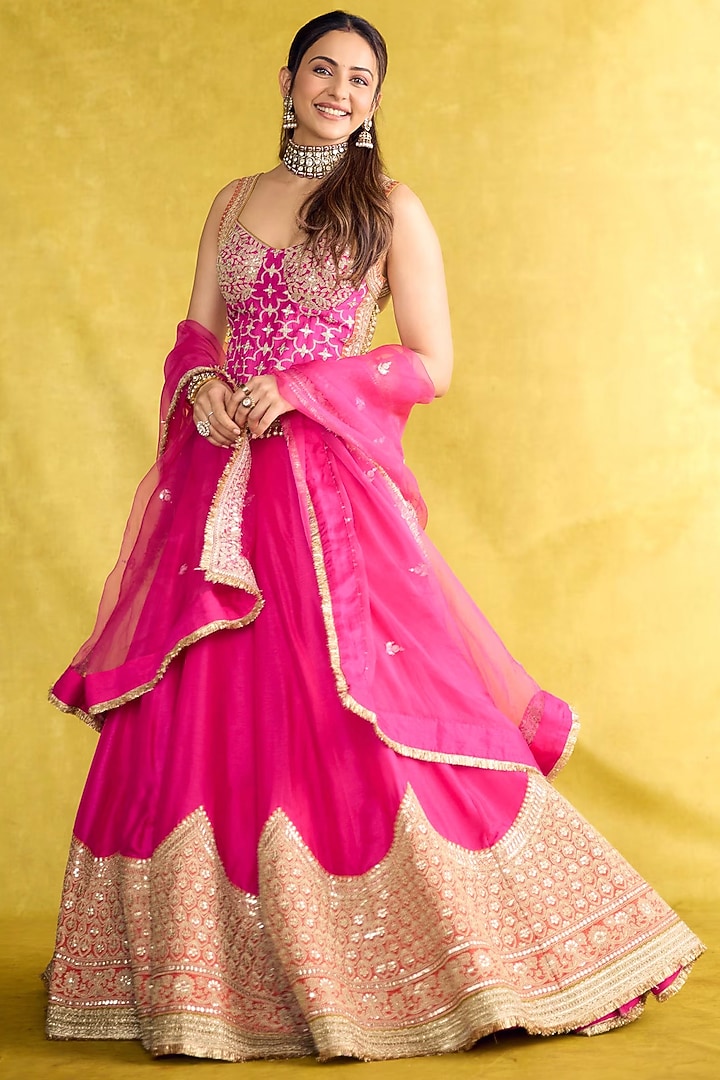 Rani Pink Tussar Ornate Border Wedding Lehenga Set by GOPI VAID at Pernia's Pop Up Shop