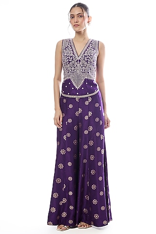 Purple Tussar Motif Pant Set by GOPI VAID