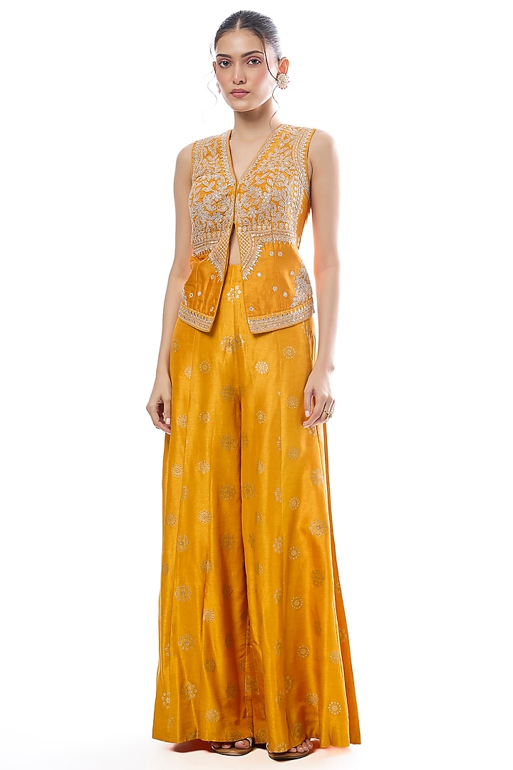 Yellow Tussar Motif Pant Set by GOPI VAID at Pernia's Pop Up Shop