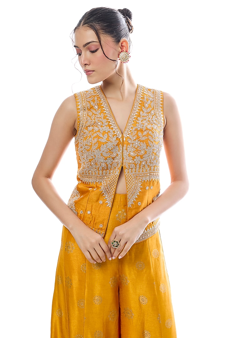 Yellow Tussar Motif Pant Set by GOPI VAID at Pernia's Pop Up Shop