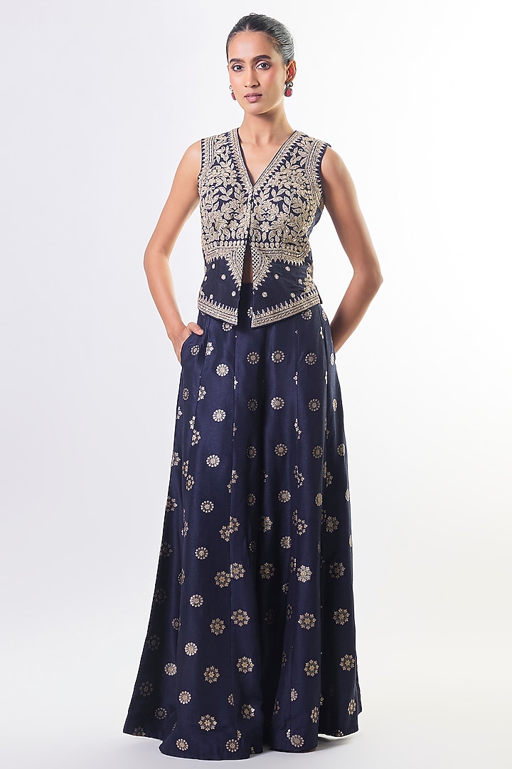 Navy Tussar Embellished Pant Set by GOPI VAID at Pernia's Pop Up Shop