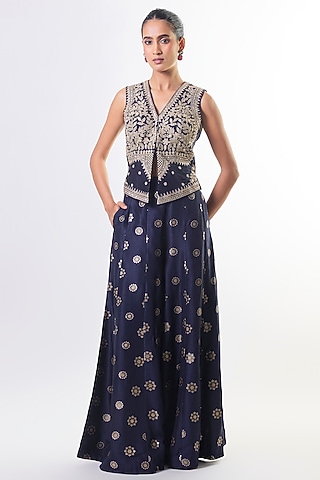 Navy Tussar Embellished Pant Set by GOPI VAID
