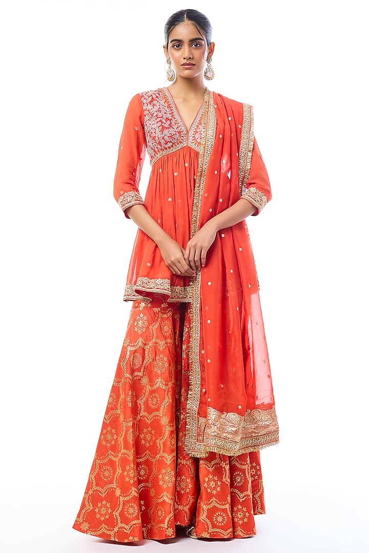 Orange Tussar Wedding Sharara Set by GOPI VAID at Pernia's Pop Up Shop
