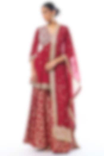 Red Tussar Embroidered Wedding Sharara Set by GOPI VAID at Pernia's Pop Up Shop
