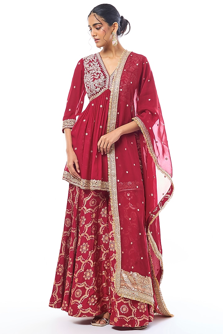 Red Tussar Embroidered Wedding Sharara Set by GOPI VAID at Pernia's Pop Up Shop