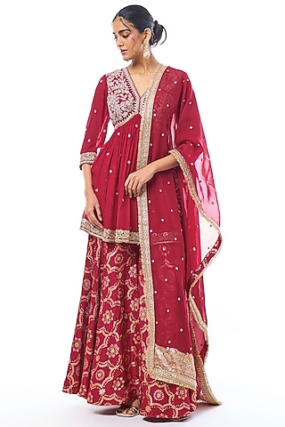 Red Tussar Embroidered Sharara Set by GOPI VAID