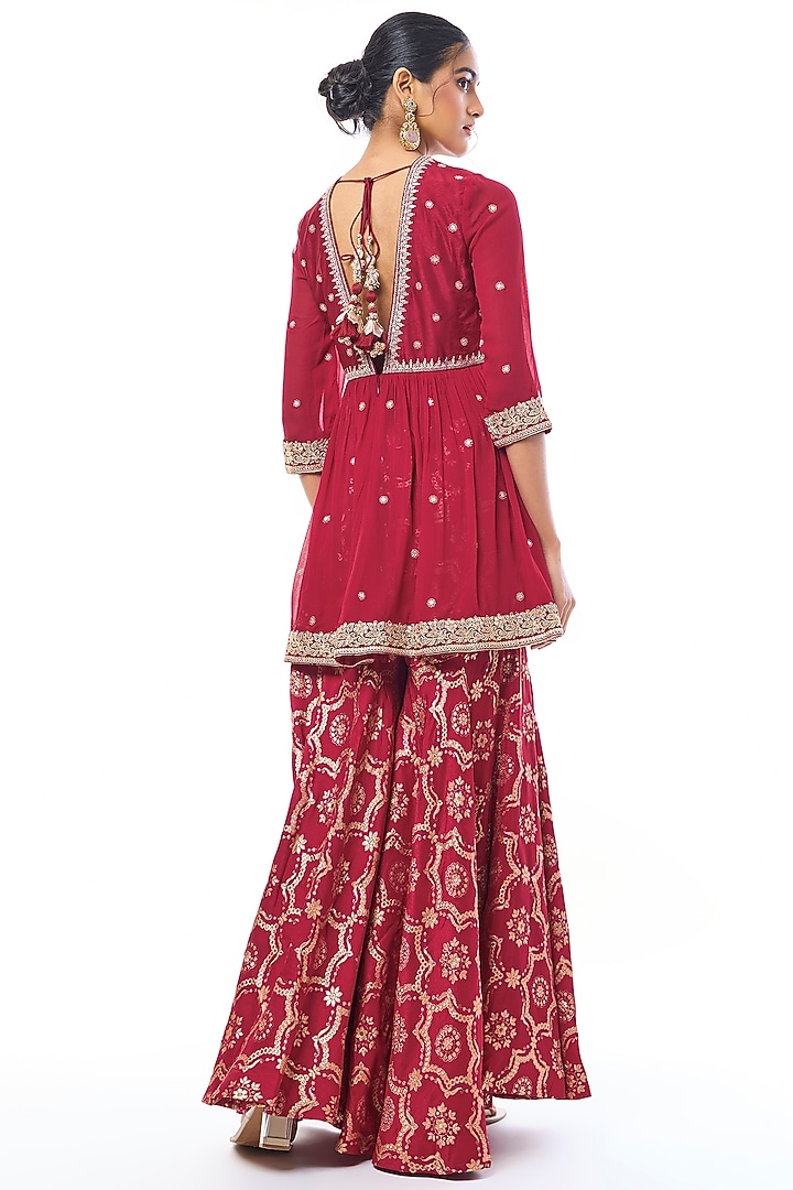 Red Tussar Embroidered Wedding Sharara Set by GOPI VAID at Pernia's Pop Up Shop