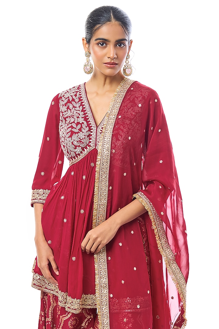 Red Tussar Embroidered Wedding Sharara Set by GOPI VAID at Pernia's Pop Up Shop