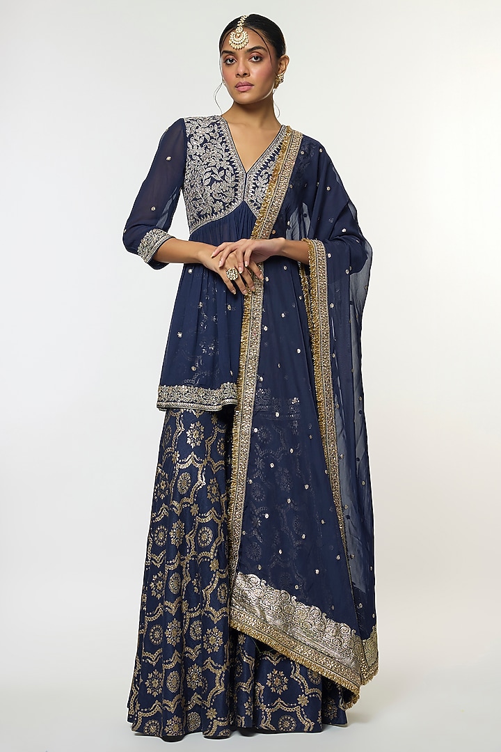 Blue Tussar Embroidered Wedding Sharara Set by GOPI VAID at Pernia's Pop Up Shop