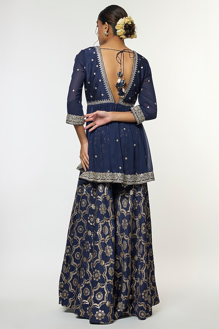 Blue Tussar Embroidered Wedding Sharara Set by GOPI VAID at Pernia's Pop Up Shop