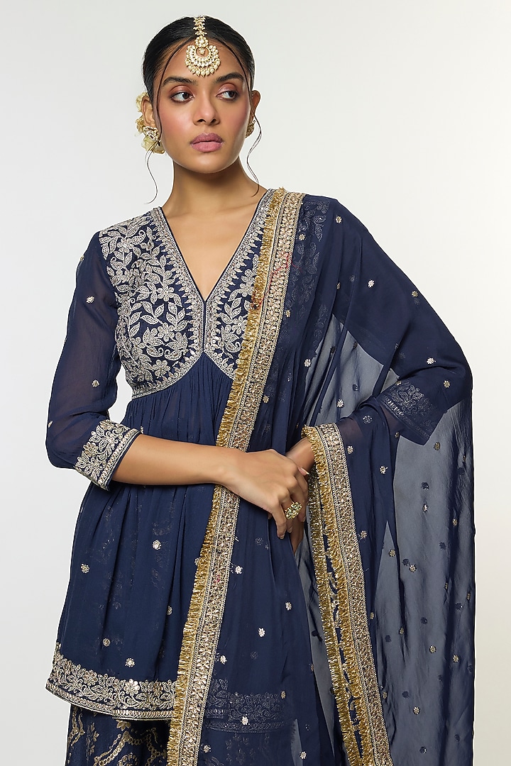 Blue Tussar Embroidered Wedding Sharara Set by GOPI VAID at Pernia's Pop Up Shop