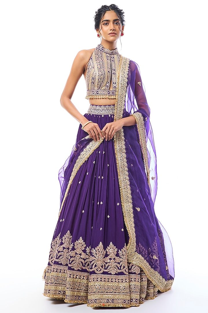 Purple Georgette Motif Embellished Wedding Lehenga Set by GOPI VAID at Pernia's Pop Up Shop