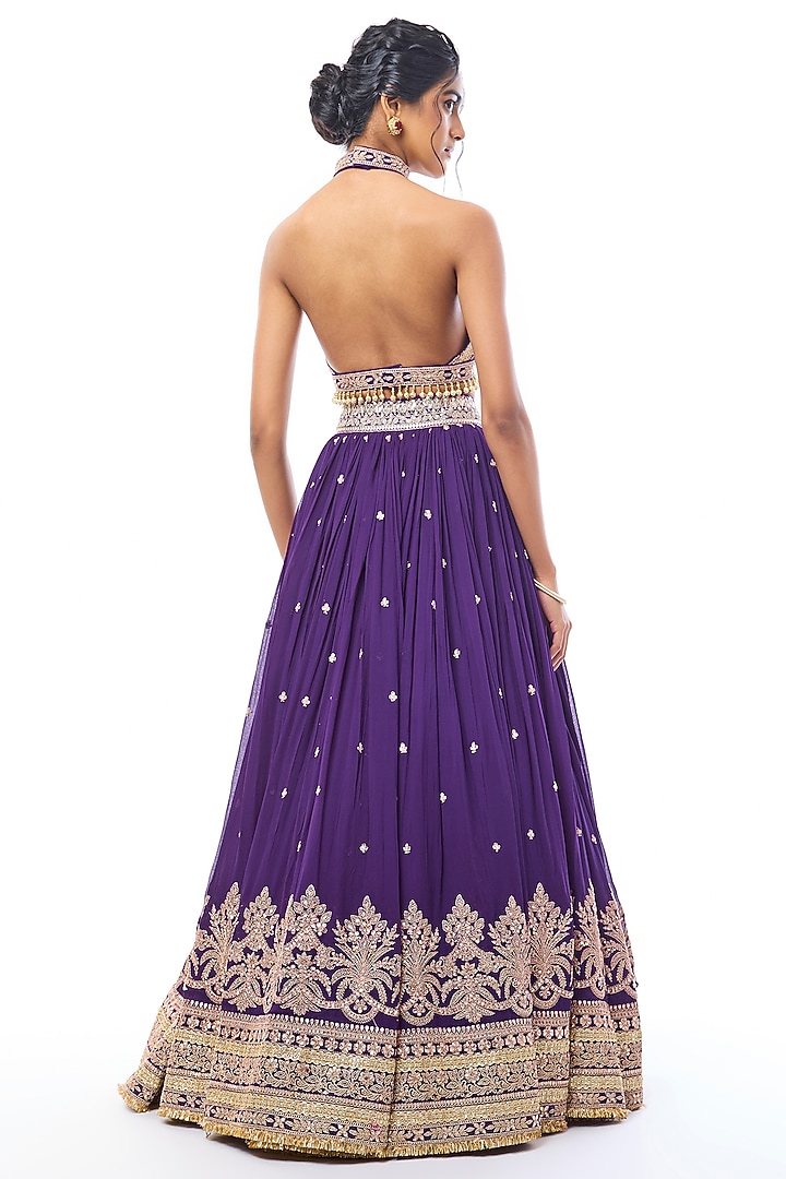 Purple Georgette Motif Embellished Wedding Lehenga Set by GOPI VAID at Pernia's Pop Up Shop