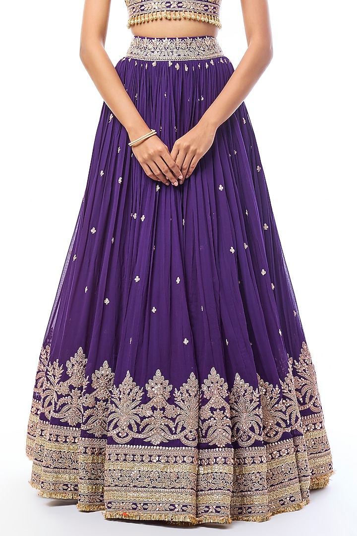 Purple Georgette Motif Embellished Wedding Lehenga Set by GOPI VAID at Pernia's Pop Up Shop